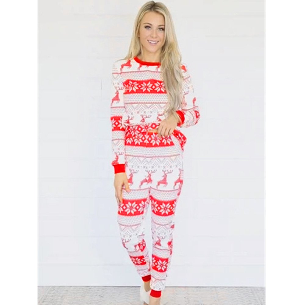 Matching family Christmas pajamas with red and white reindeer and snowflake Fair Isle print - view 10