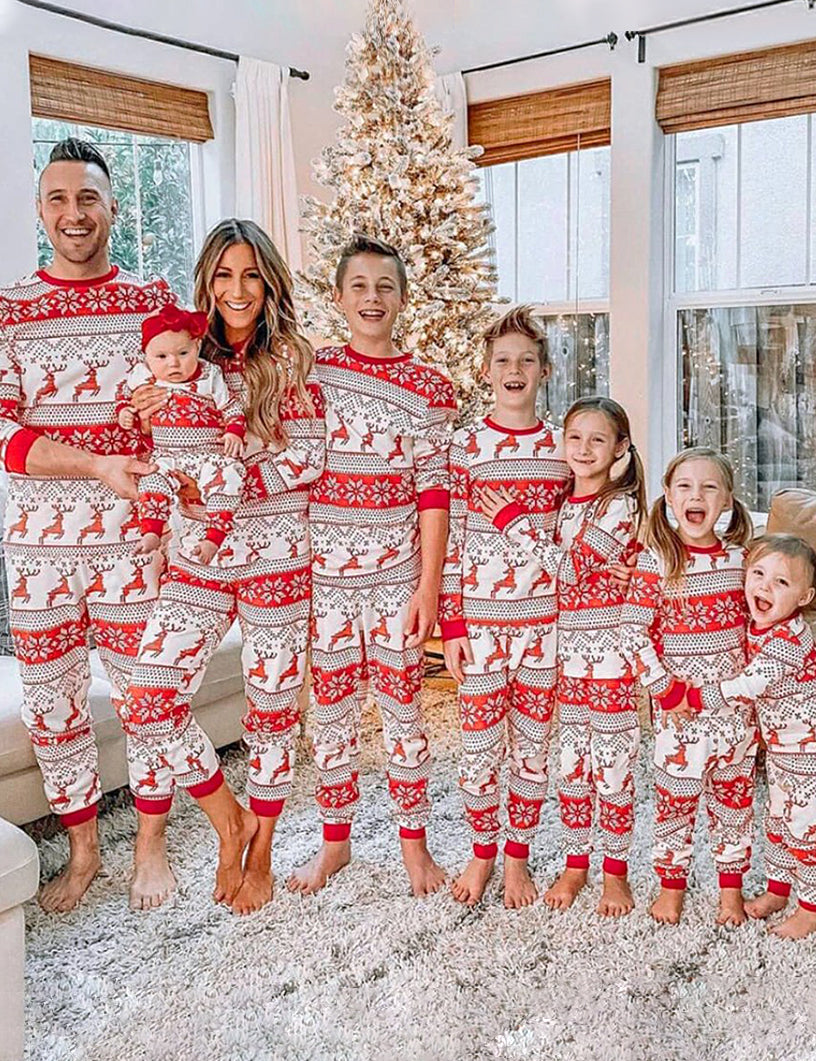 Matching family Christmas pajamas with red and white reindeer and snowflake Fair Isle print - view 12
