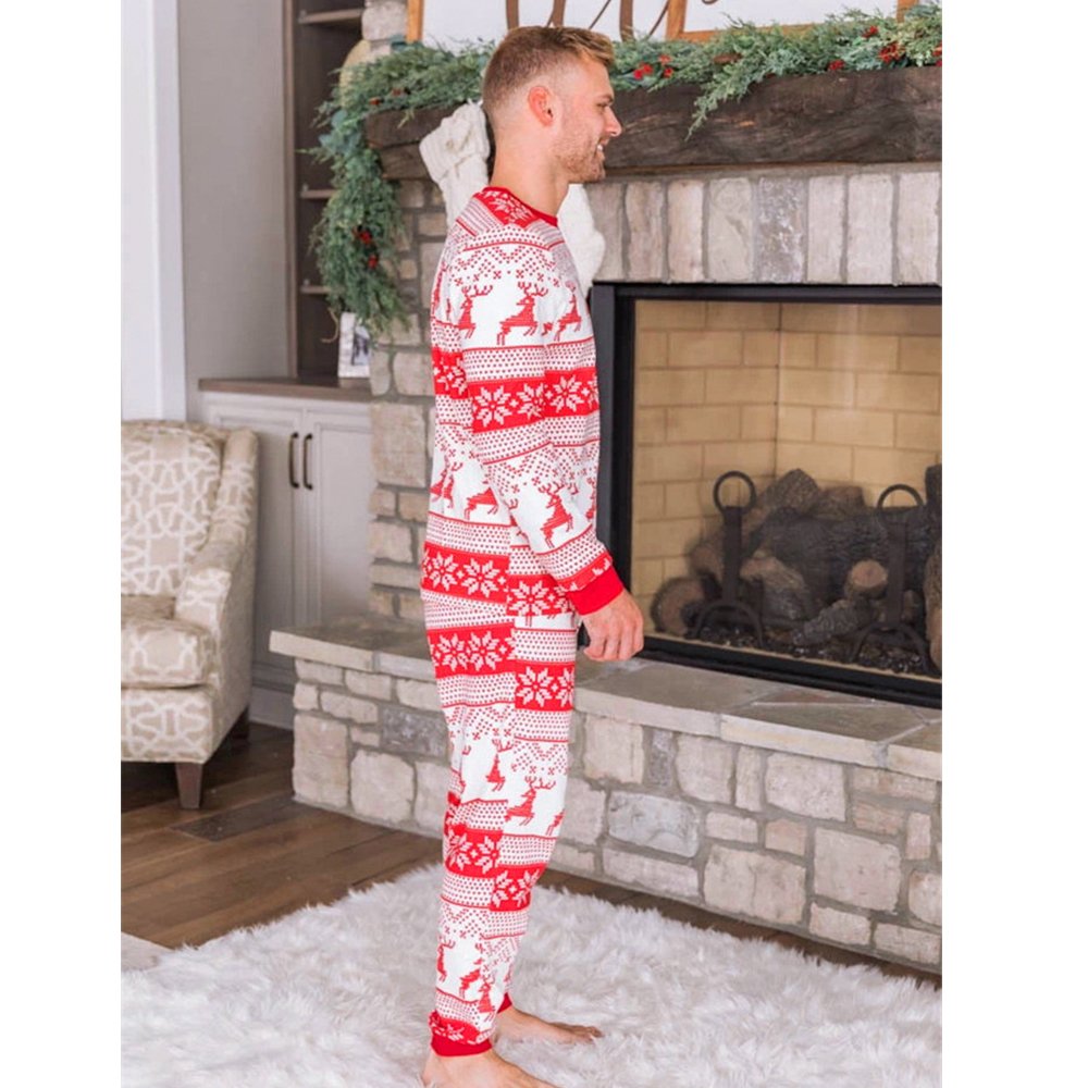 Matching family Christmas pajamas with red and white reindeer and snowflake Fair Isle print - view 13