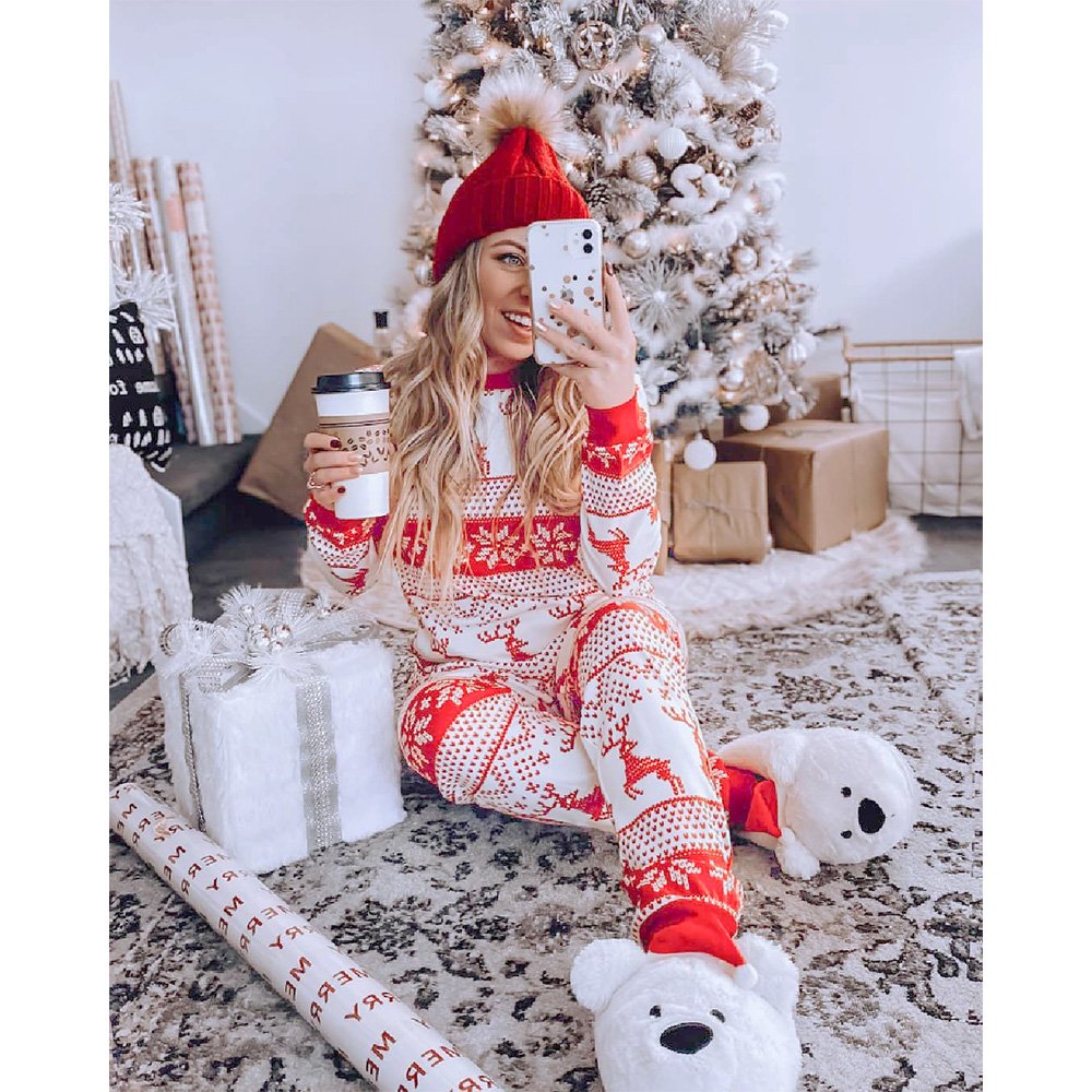 Matching family Christmas pajamas with red and white reindeer and snowflake Fair Isle print - view 4