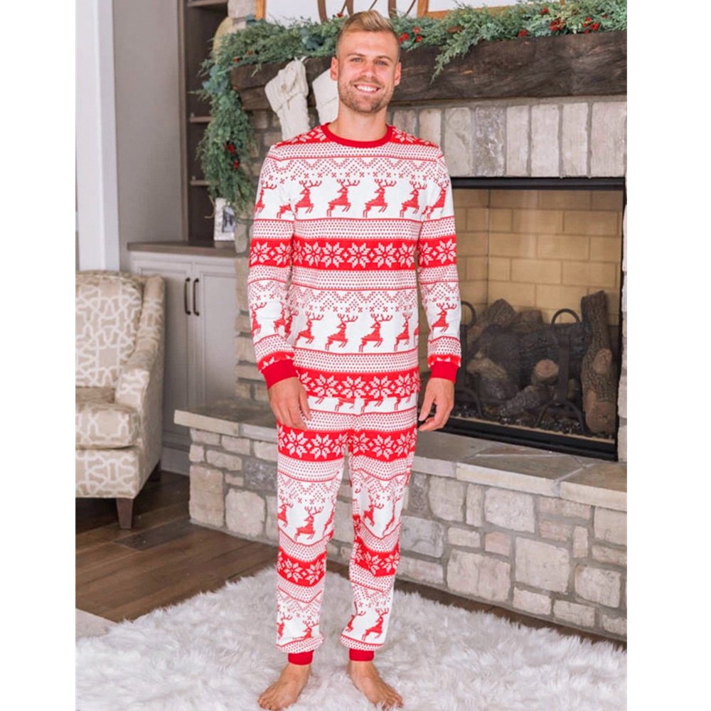 Matching family Christmas pajamas with red and white reindeer and snowflake Fair Isle print - view 6