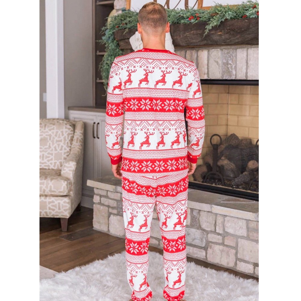 Matching family Christmas pajamas with red and white reindeer and snowflake Fair Isle print - view 7