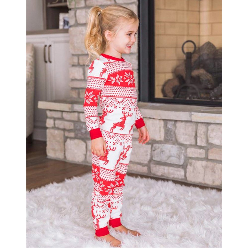 Matching family Christmas pajamas with red and white reindeer and snowflake Fair Isle print - view 8