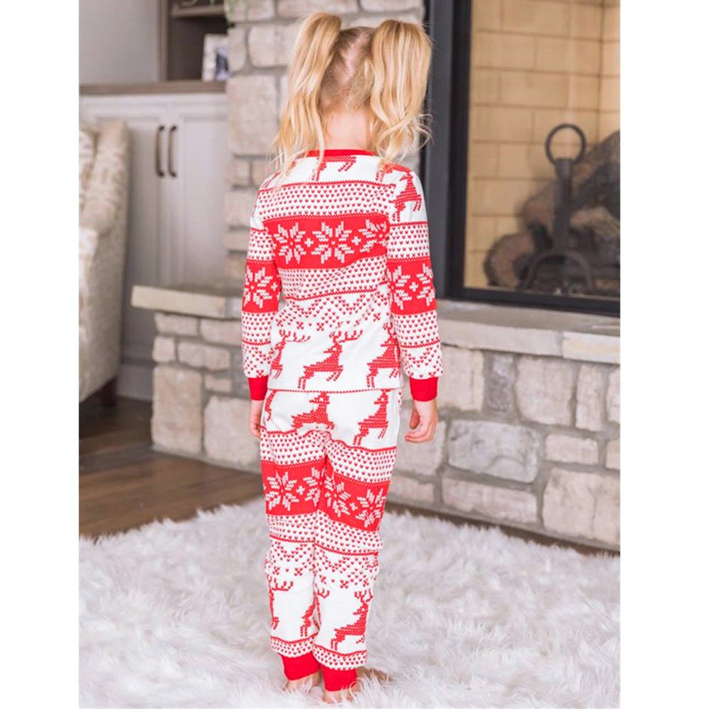 Matching family Christmas pajamas with red and white reindeer and snowflake Fair Isle print - view 9