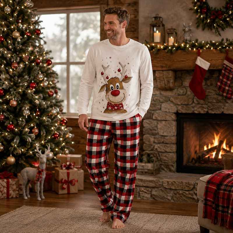 Woman in holiday pajamas with reindeer print top and red black plaid pants beside a Christmas tree - view 2