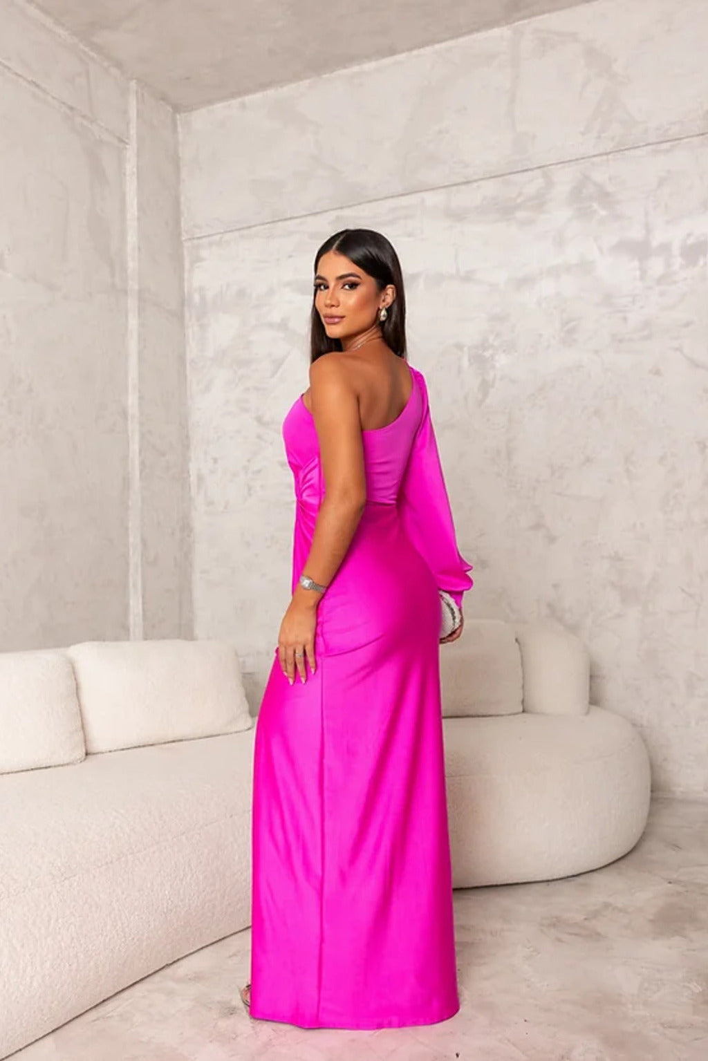 Woman wearing a satin one shoulder long sleeve formal maxi dress with twist-knot waist and thigh slit - view 13
