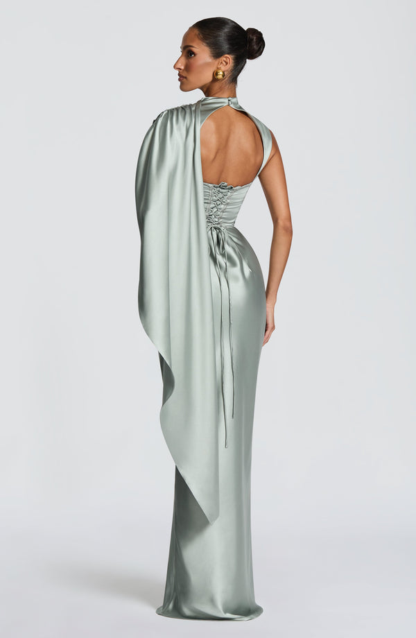 Draped navy satin maxi dress with cowl neckline and keyhole lace-up back - view 10