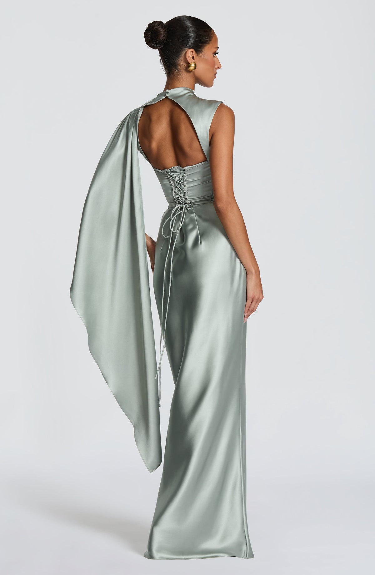 Draped navy satin maxi dress with cowl neckline and keyhole lace-up back - view 11
