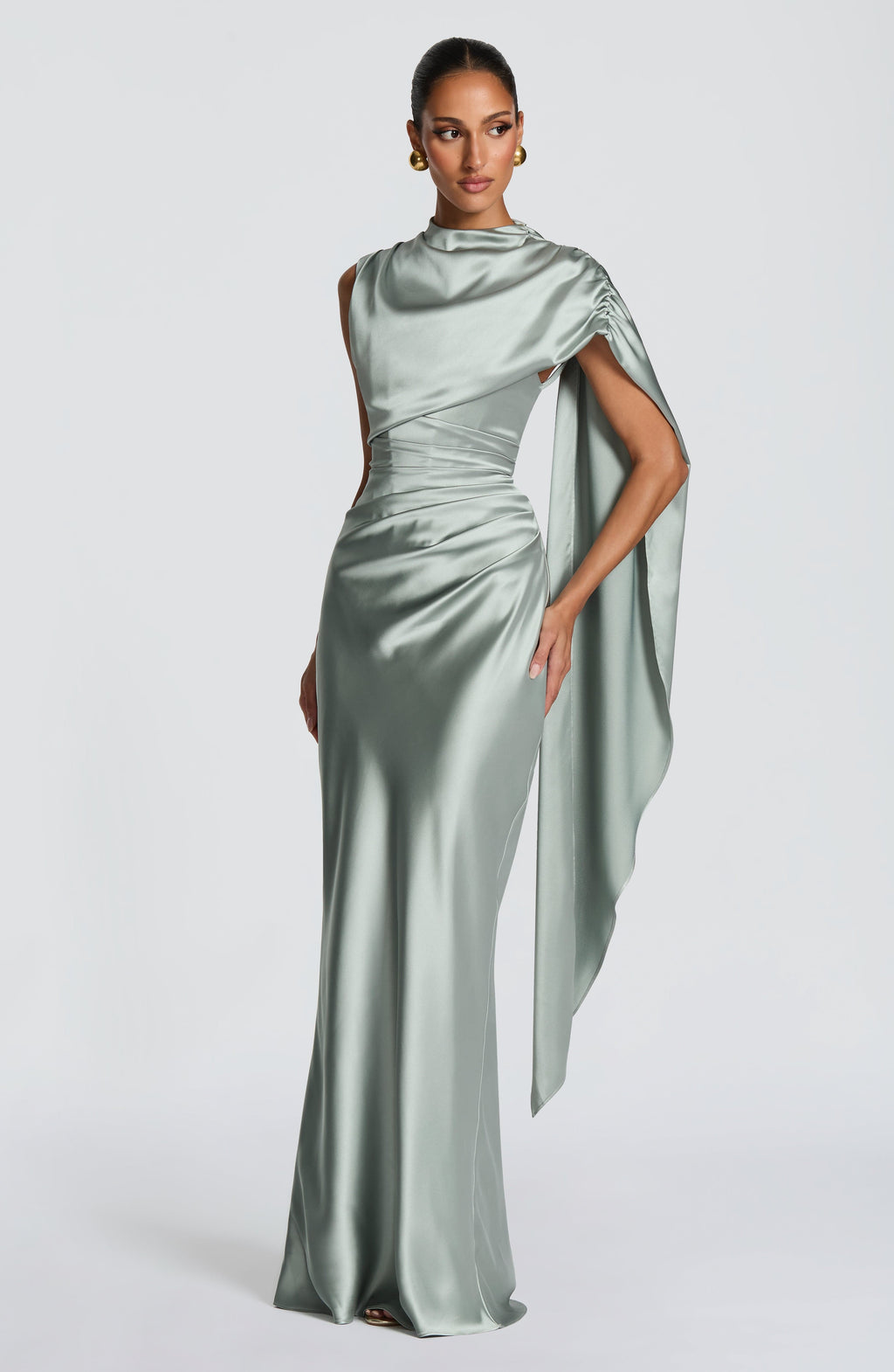 Draped navy satin maxi dress with cowl neckline and keyhole lace-up back - view 12