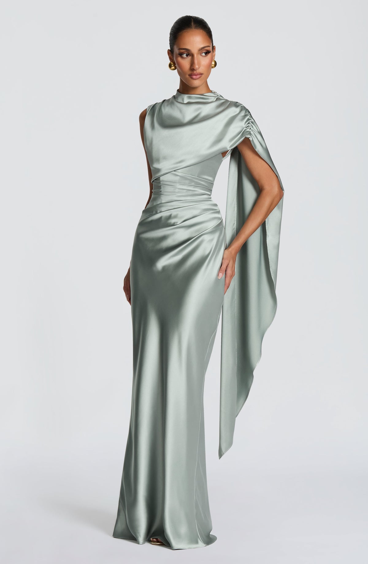 Draped navy satin maxi dress with cowl neckline and keyhole lace-up back - view 12