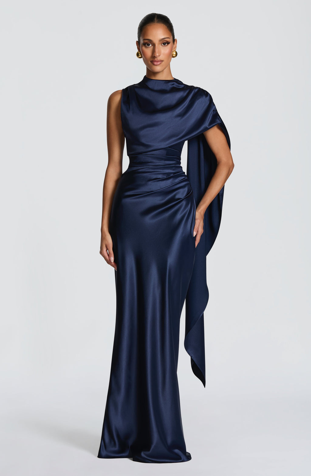 Draped navy satin maxi dress with cowl neckline and keyhole lace-up back - view 2