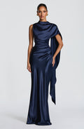 Draped navy satin maxi dress with cowl neckline and keyhole lace-up back - view 2