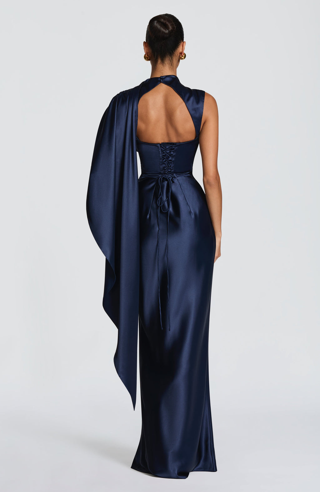 Draped navy satin maxi dress with cowl neckline and keyhole lace-up back - view 3