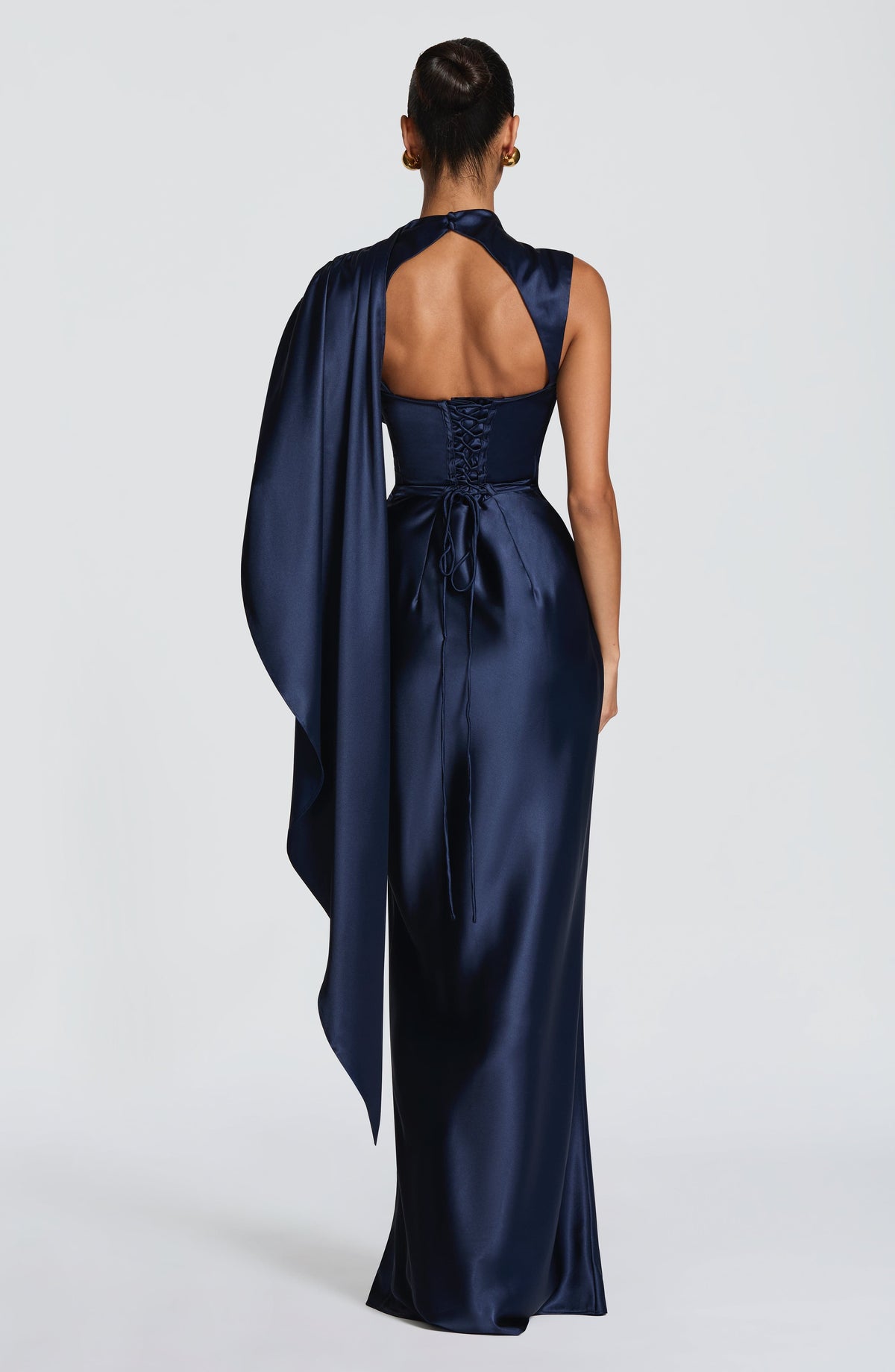 Draped navy satin maxi dress with cowl neckline and keyhole lace-up back - view 3