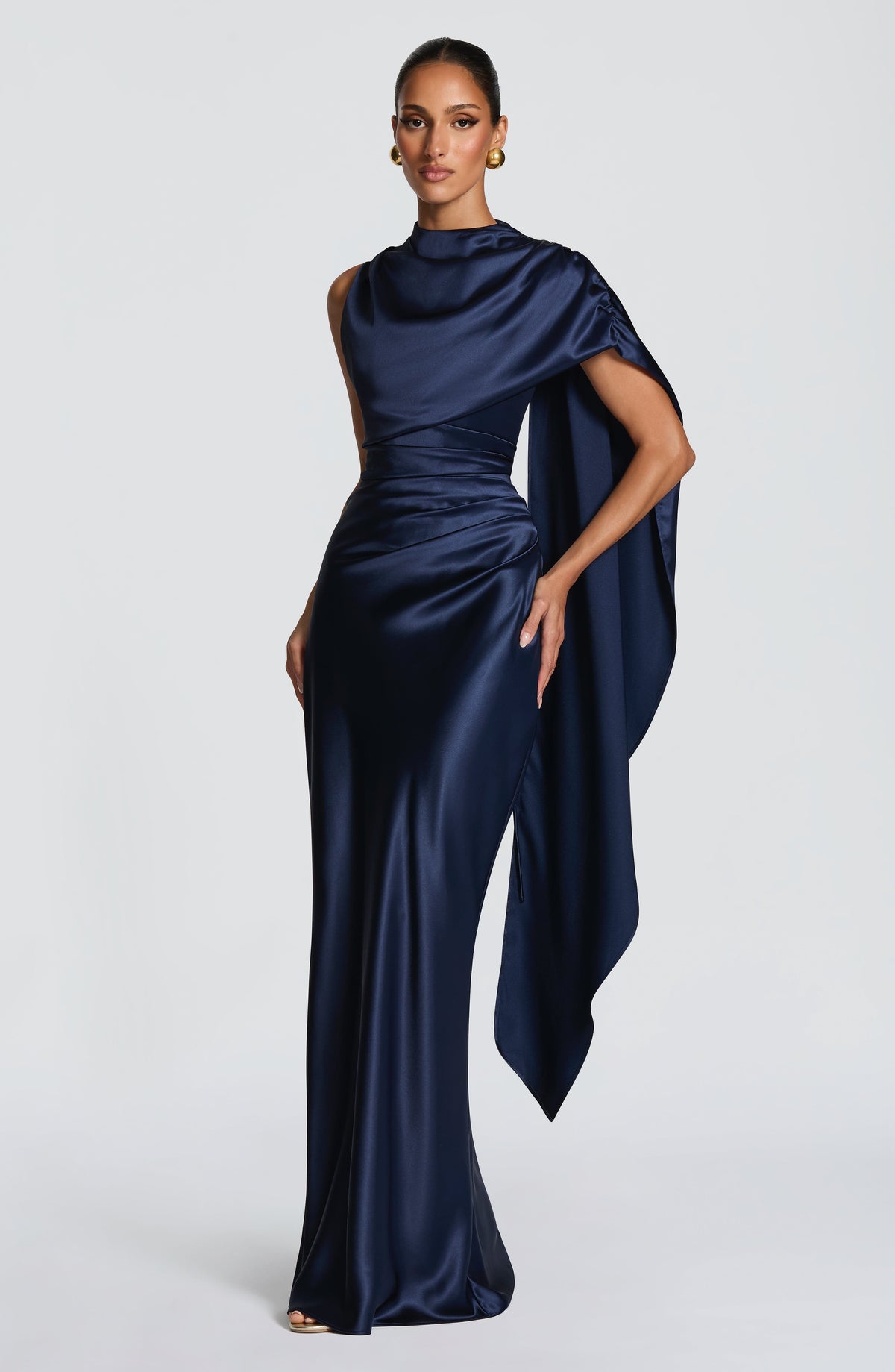 Draped navy satin maxi dress with cowl neckline and keyhole lace-up back - view 4