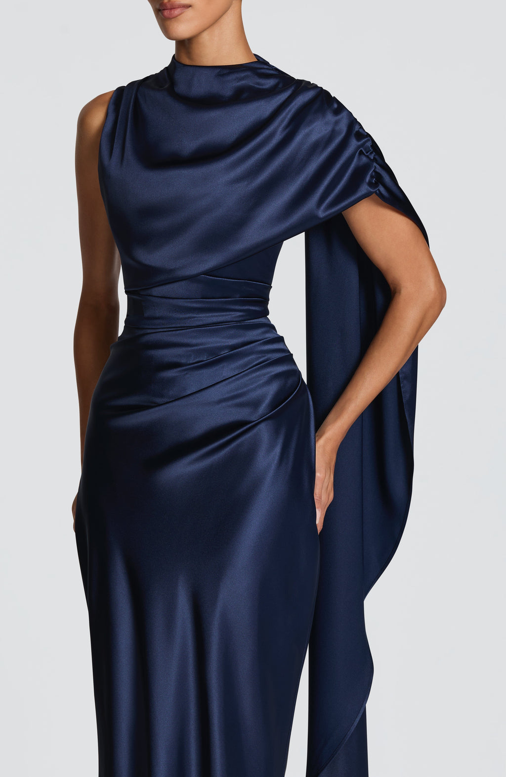 Draped navy satin maxi dress with cowl neckline and keyhole lace-up back - view 5