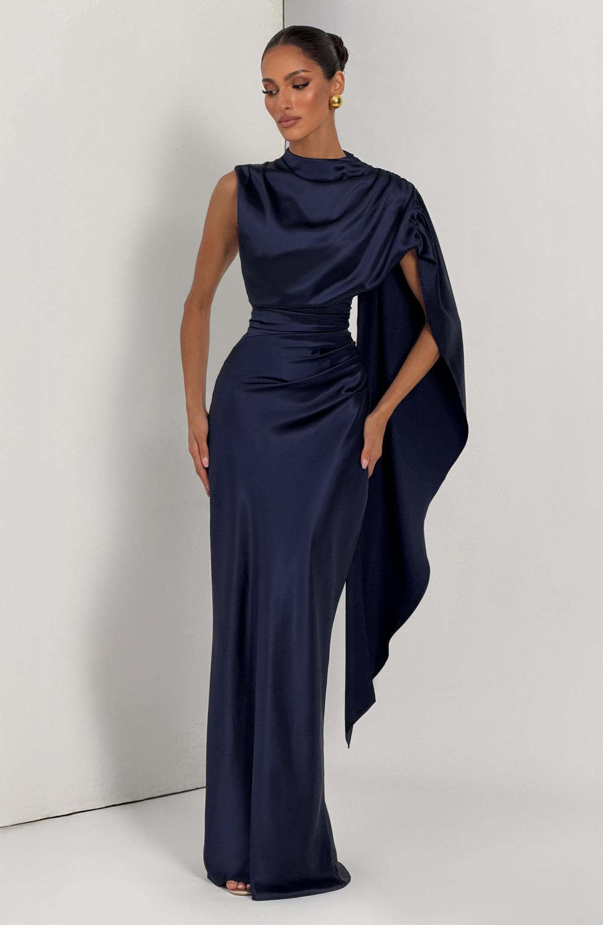 Draped navy satin maxi dress with cowl neckline and keyhole lace-up back - view 6