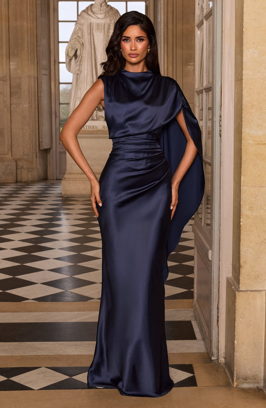 Draped navy satin maxi dress with cowl neckline and keyhole lace-up back - view 7