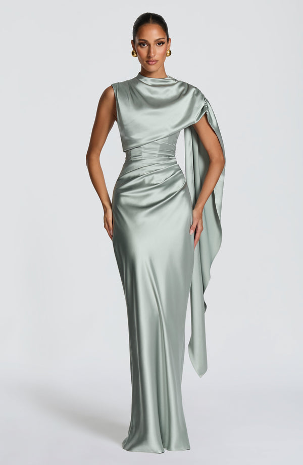 Draped navy satin maxi dress with cowl neckline and keyhole lace-up back - view 9
