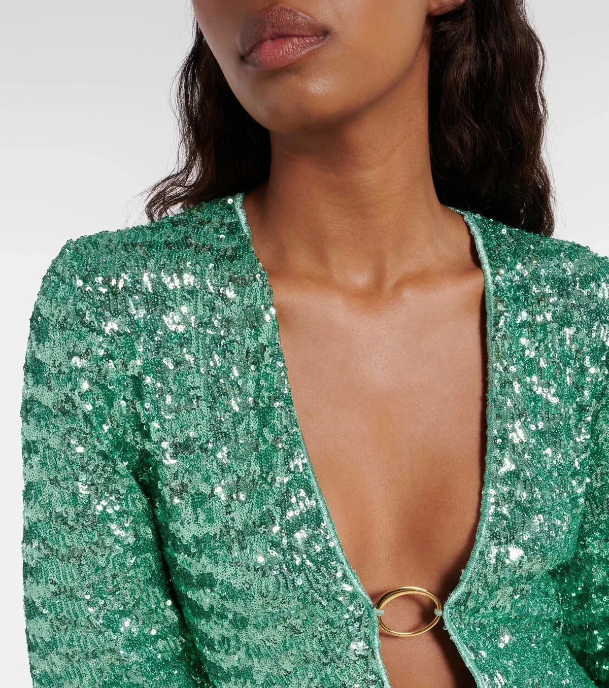 Long sleeve sequin mini dress with flared sleeves and gold-tone ring at deep V-neck - view 4