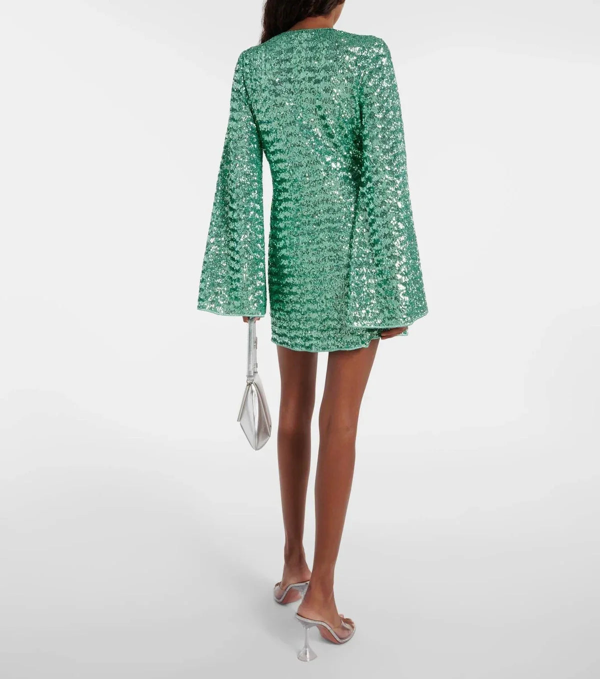 Long sleeve sequin mini dress with flared sleeves and gold-tone ring at deep V-neck - view 5