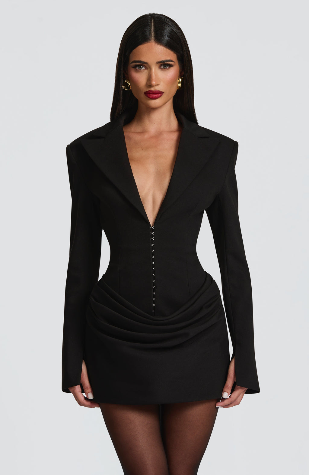 Tailored blazer mini dress with long split-cuff sleeves, plunging peak lapels and gathered hip drape