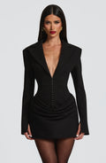 Tailored blazer mini dress with long split-cuff sleeves, plunging peak lapels and gathered hip drape