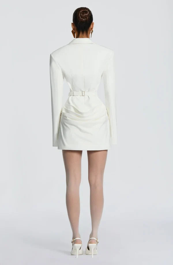 Tailored blazer mini dress with long split-cuff sleeves, plunging peak lapels and gathered hip drape - view 10