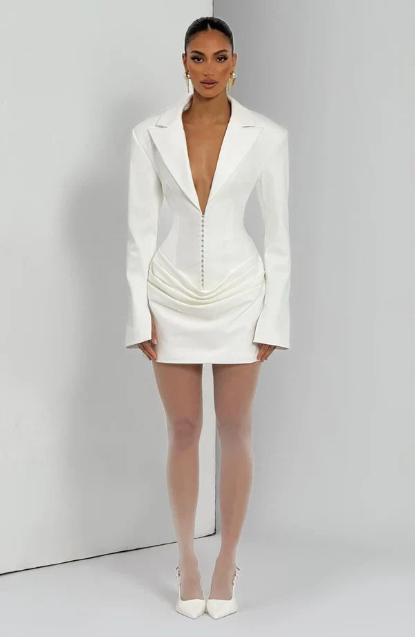 Tailored blazer mini dress with long split-cuff sleeves, plunging peak lapels and gathered hip drape - view 14