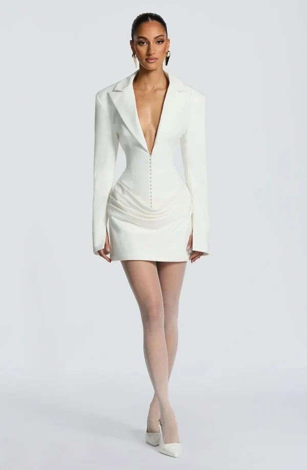 Tailored blazer mini dress with long split-cuff sleeves, plunging peak lapels and gathered hip drape - view 17