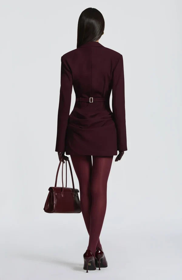 Tailored blazer mini dress with long split-cuff sleeves, plunging peak lapels and gathered hip drape - view 19