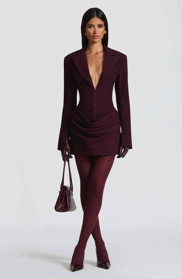 Tailored blazer mini dress with long split-cuff sleeves, plunging peak lapels and gathered hip drape - view 20