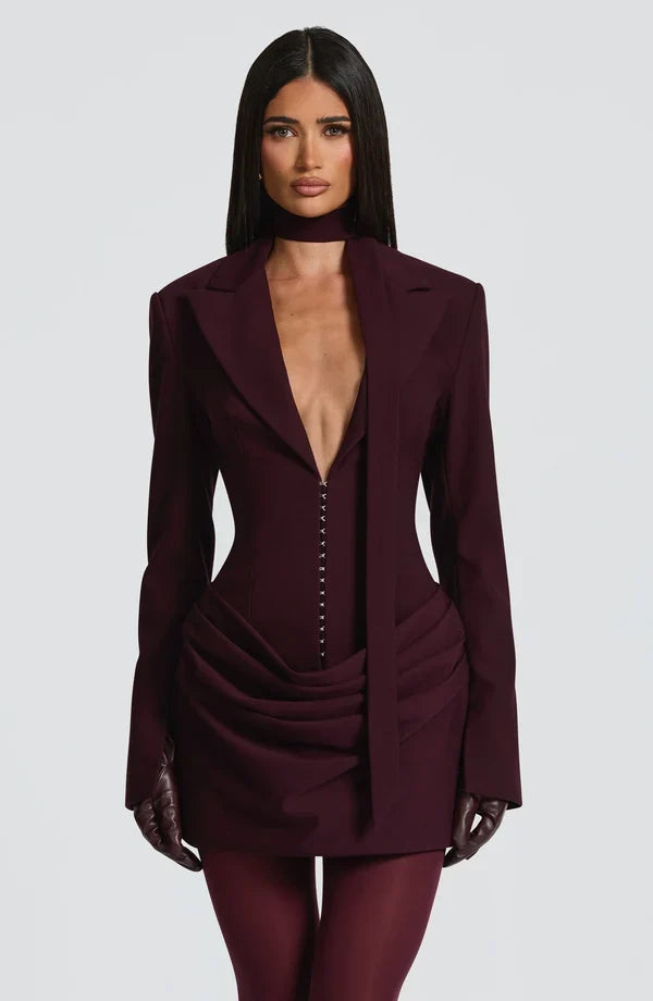 Tailored blazer mini dress with long split-cuff sleeves, plunging peak lapels and gathered hip drape - view 21