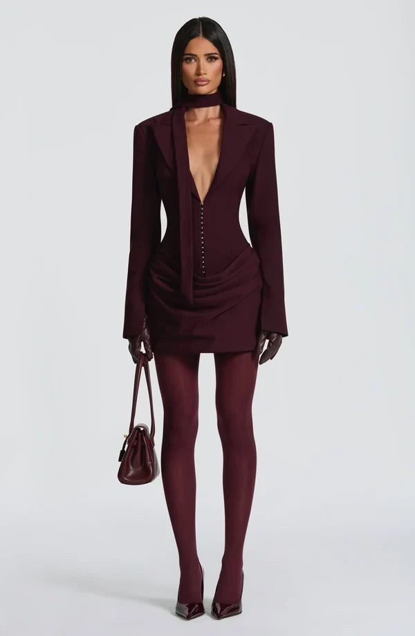 Tailored blazer mini dress with long split-cuff sleeves, plunging peak lapels and gathered hip drape - view 22
