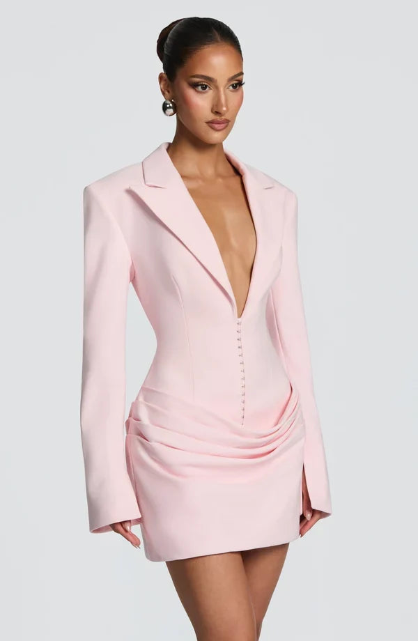 Tailored blazer mini dress with long split-cuff sleeves, plunging peak lapels and gathered hip drape - view 24