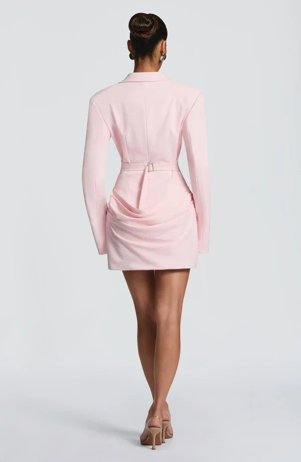Tailored blazer mini dress with long split-cuff sleeves, plunging peak lapels and gathered hip drape - view 25
