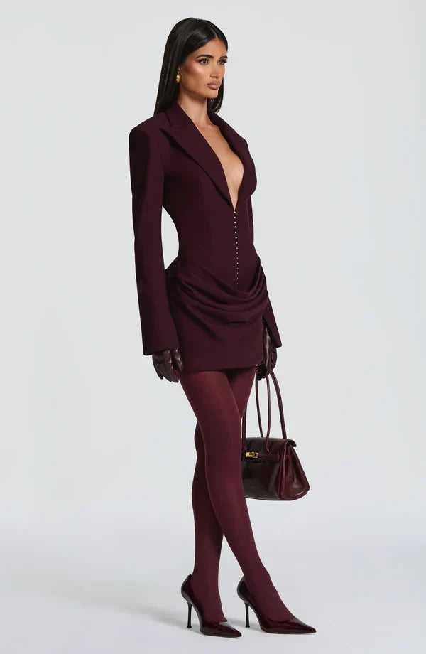 Tailored blazer mini dress with long split-cuff sleeves, plunging peak lapels and gathered hip drape - view 32