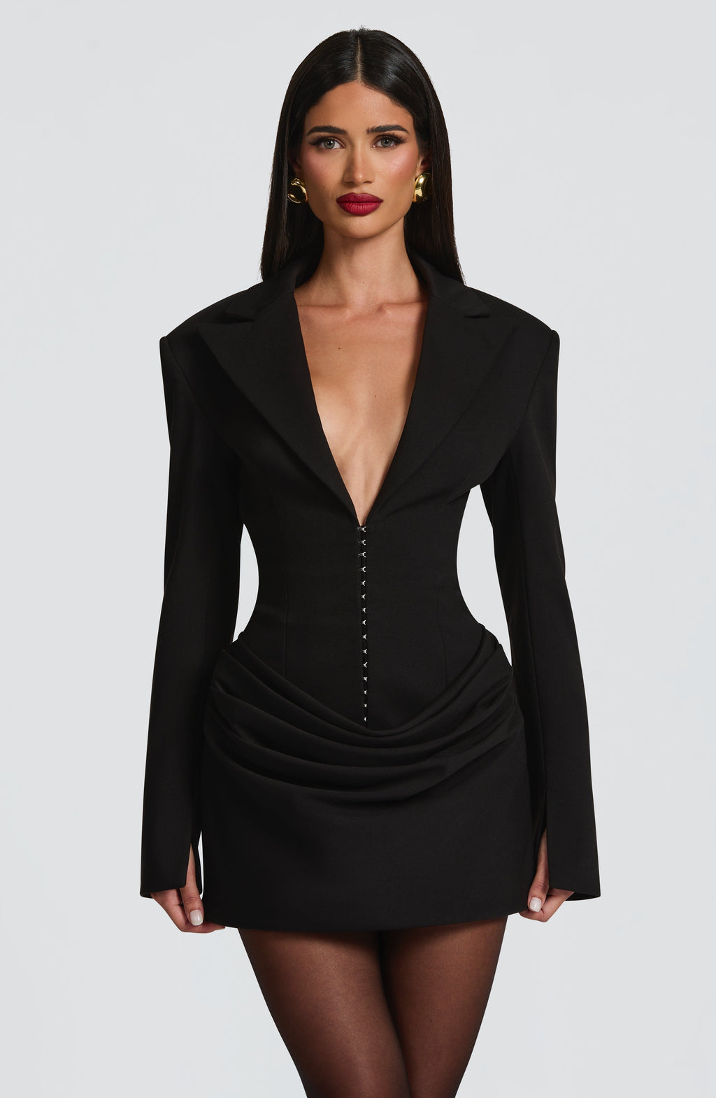 Tailored blazer mini dress with long split-cuff sleeves, plunging peak lapels and gathered hip drape - view 8