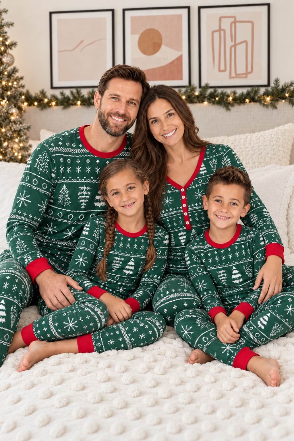 Matching family Christmas pajamas in green Fair Isle-style print with red cuffs