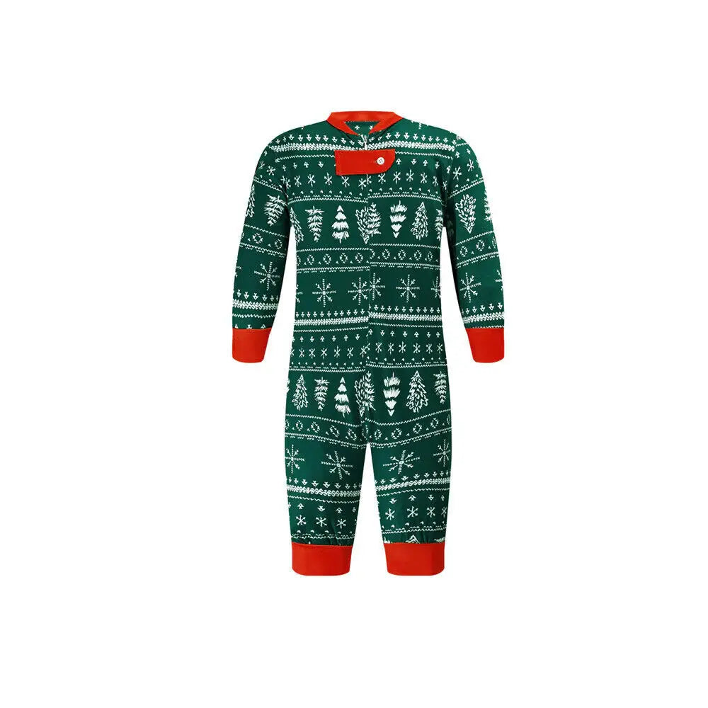 Matching family Christmas pajamas in green Fair Isle-style print with red cuffs - view 10