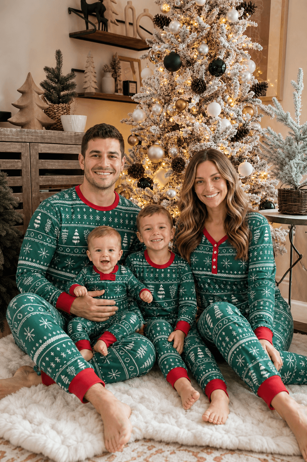 Matching family Christmas pajamas in green Fair Isle-style print with red cuffs - view 11