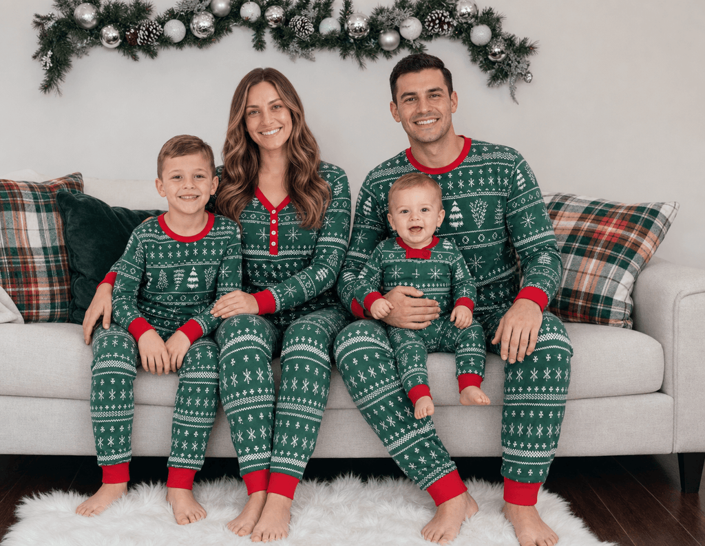 Matching family Christmas pajamas in green Fair Isle-style print with red cuffs - view 12