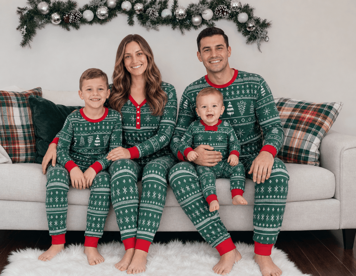 Matching family Christmas pajamas in green Fair Isle-style print with red cuffs - view 12