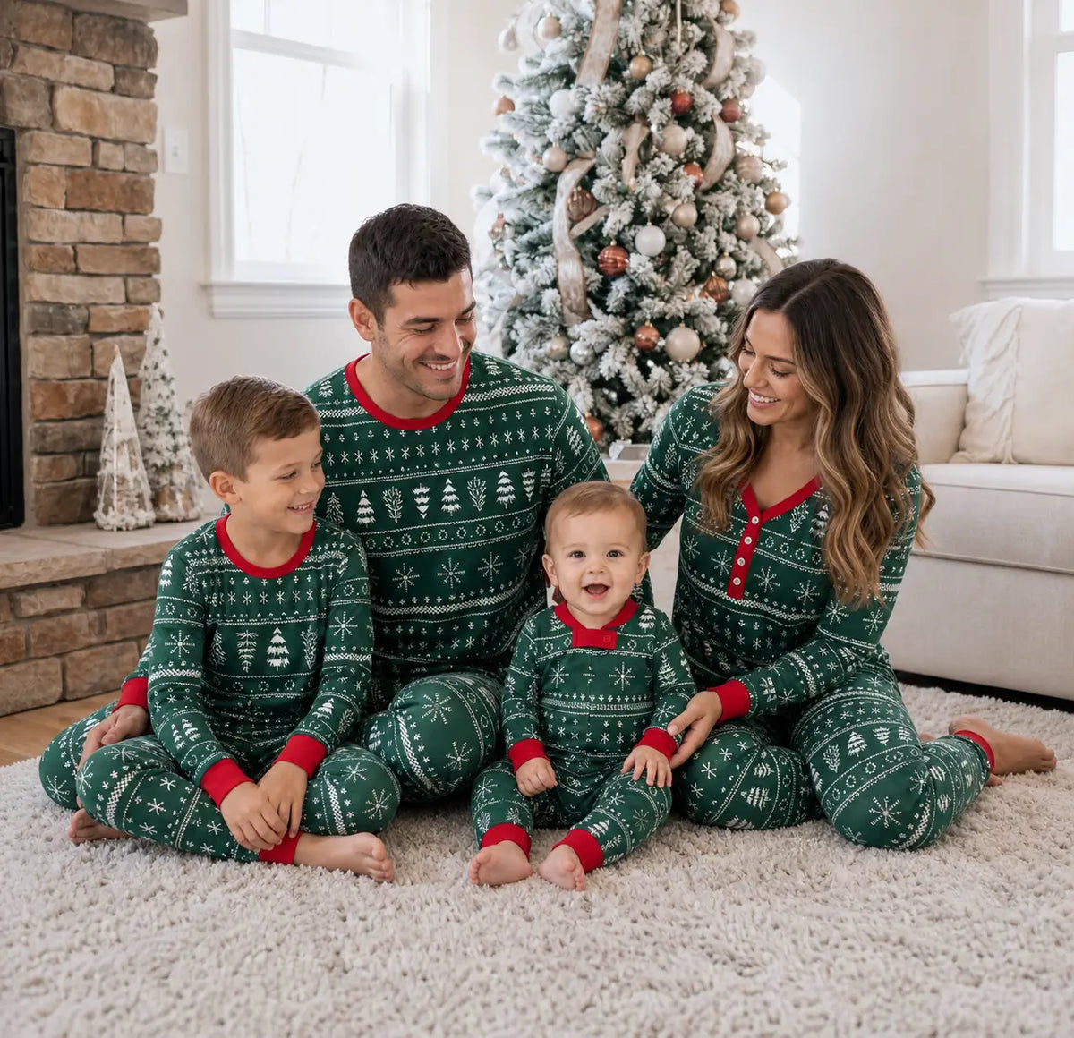 Matching family Christmas pajamas in green Fair Isle-style print with red cuffs - view 13