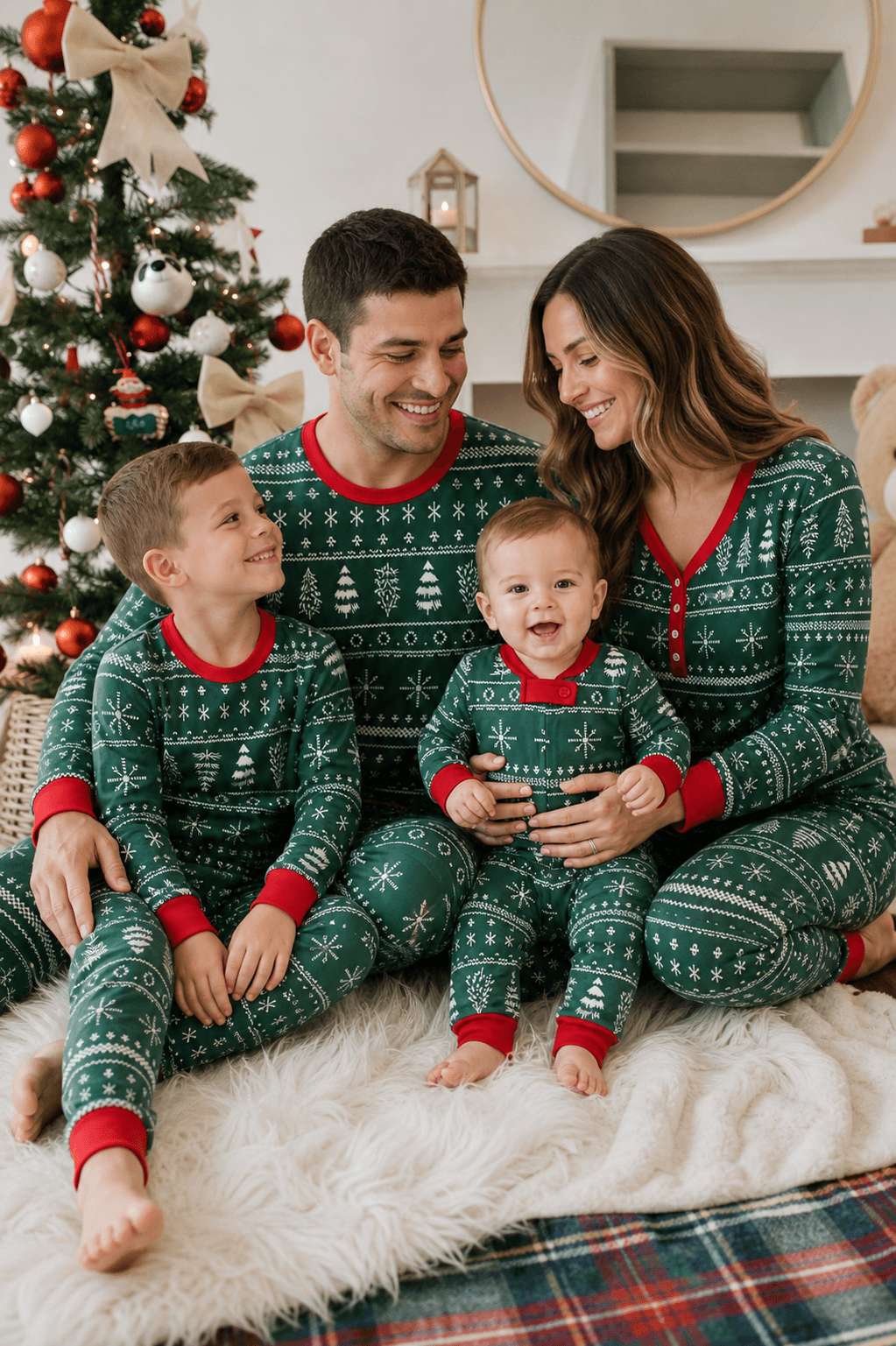 Matching family Christmas pajamas in green Fair Isle-style print with red cuffs - view 14