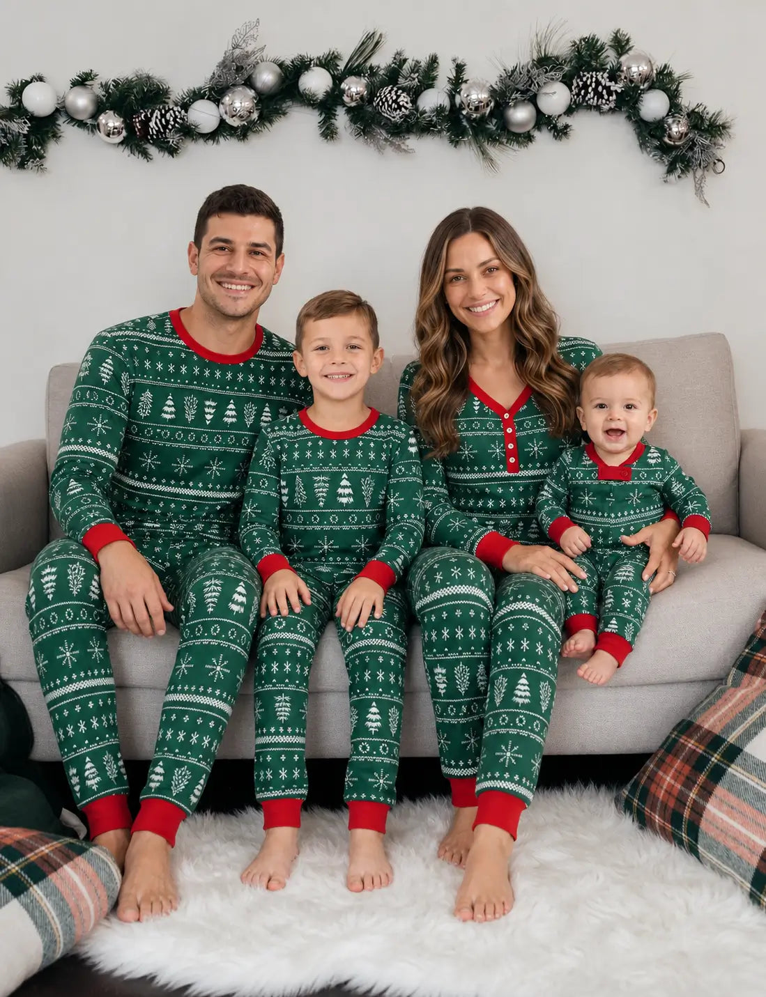 Matching family Christmas pajamas in green Fair Isle-style print with red cuffs - view 15