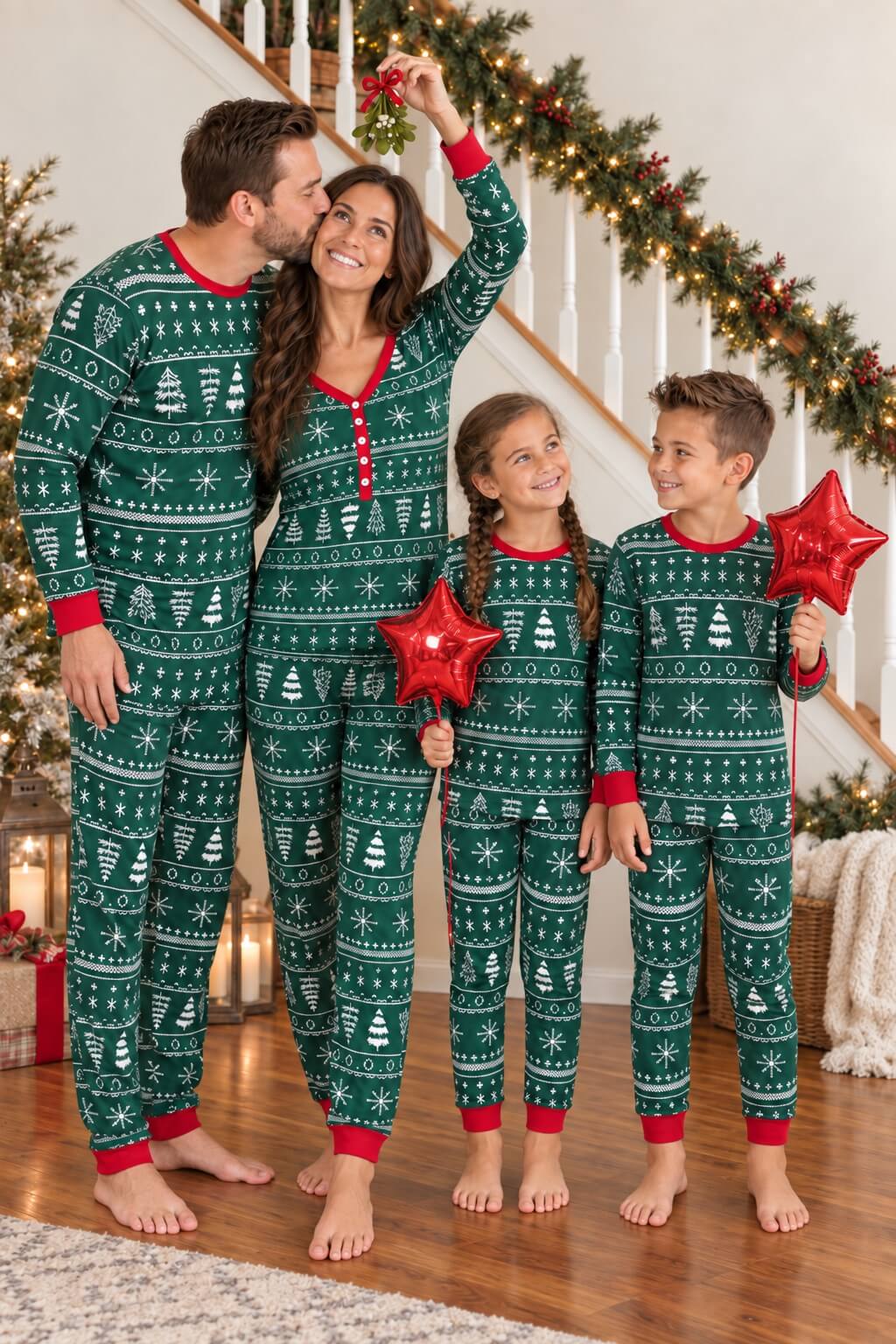 Matching family Christmas pajamas in green Fair Isle-style print with red cuffs - view 2