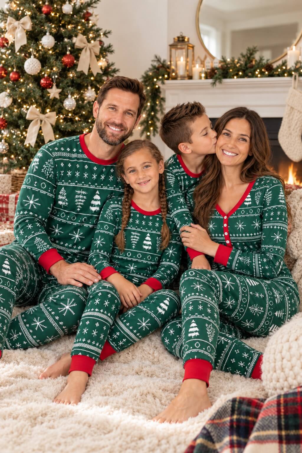 Matching family Christmas pajamas in green Fair Isle-style print with red cuffs - view 3
