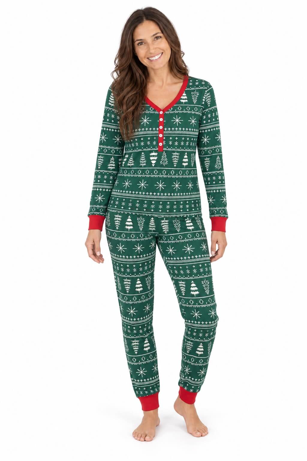 Matching family Christmas pajamas in green Fair Isle-style print with red cuffs - view 5