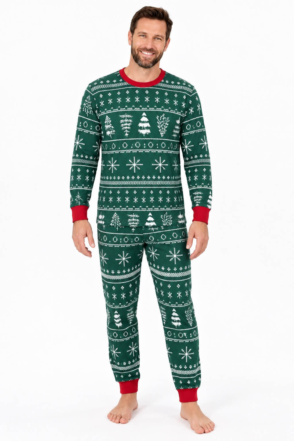 Matching family Christmas pajamas in green Fair Isle-style print with red cuffs - view 6